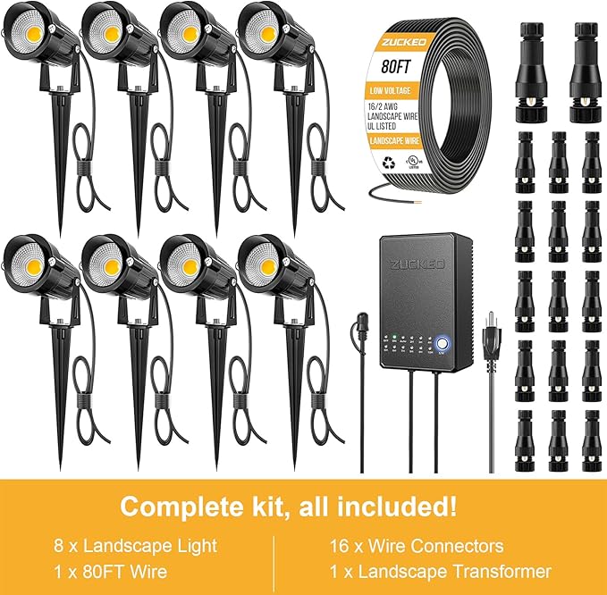 ZUCKEO All-in-One Landscape Lighting Kit, 5W LED Low Voltage Landscape Lights with Transformer and 80FT Wire | Lumora