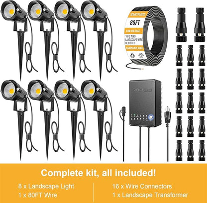 ZUCKEO All-in-One Landscape Lighting Kit, 5W LED Low Voltage Landscape Lights with Transformer and 80FT Wire, Waterproof Outdoor Spotlight with Connectors for Yard Garden House, 3000K 12-24V 8Pack