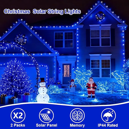 QITONG 2 Pack Blue and White Solar Christmas Lights, Each 66ft 200 LED Solar String Lights Outdoor Waterproof, 8 Modes Solar Twinkle Light for Outside