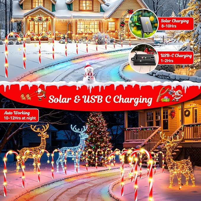E-Kong 24 Pack Solar Candy Cane Lights Outdoor Christmas Decorations, 10 Modes, 12 Hours Bright Lighting Christmas Decorations Outdoor, Solar Pathway Lights Waterproof for Yard Patio Garden
