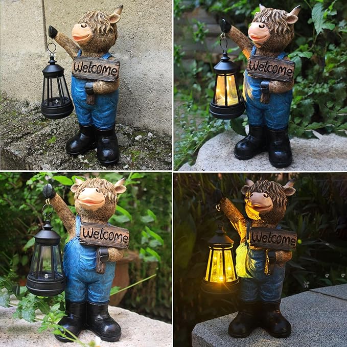 Solar Garden Statues -Highland Cow Lantern Outdoor Handmade Resin Statue with LED Light, and Welcome Holder for | Lumora