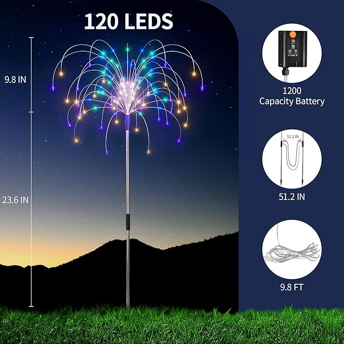 Presence Solar Garden Lights Outdoor Waterproof - 4 Pcs with 8 Modes, 120 LED Multicolor Firework Lights for Yard, Path, Patio, Flowerbed