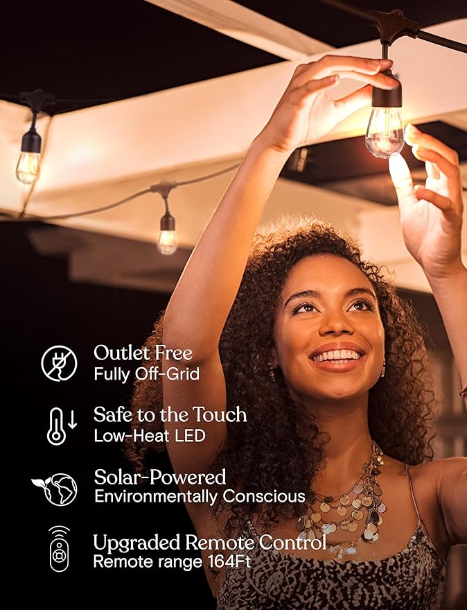 Brightech Ambience Pro Super Bright Solar - 27Ft Remote Control Outdoor String Lights, Shatterproof S14 Edison | Lumora