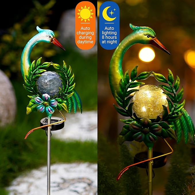 Solar Globe Lights for Garden Decoration,40.9 Inch Pelican Front Porch Decor with Cracked Glass Puck Light for Outside Yard Decoration