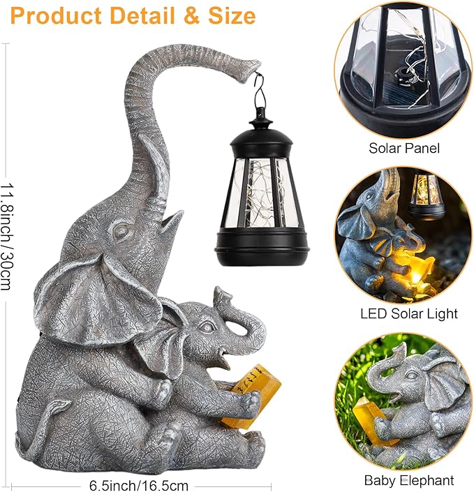 Solar Garden Statue Lights Loving Elephants Figurine with Solar Lantern, Outdoor Yard Decorations for Patio Porch | Lumora