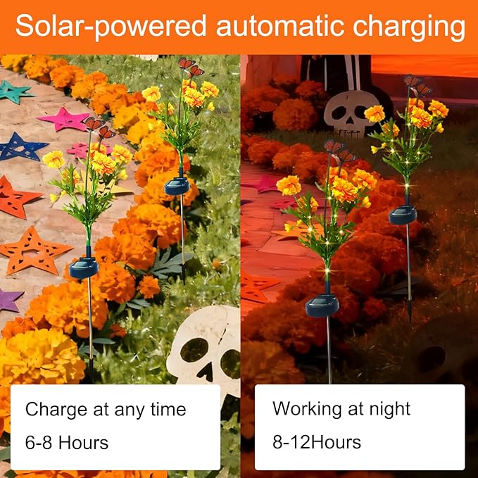 Solar Marigold Garden Lights, 2 Pack Solar Swaying Monarch Butterfly Lights with Flowers,Artificial Flower Lights for Halloween & Día de Los Muertos (Day of The Dead) Decorations