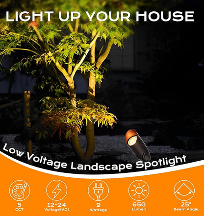 CLOUDY BAY 9W 5CCT LED Landscape Lighting Low Voltage (AC/DC 12V) Outdoor Spotlights with Spike Stand,Waterproof Pathway Lights,2200K/2700K/3000K/4000K/5000K Selectable,Pack of 4,Bronze