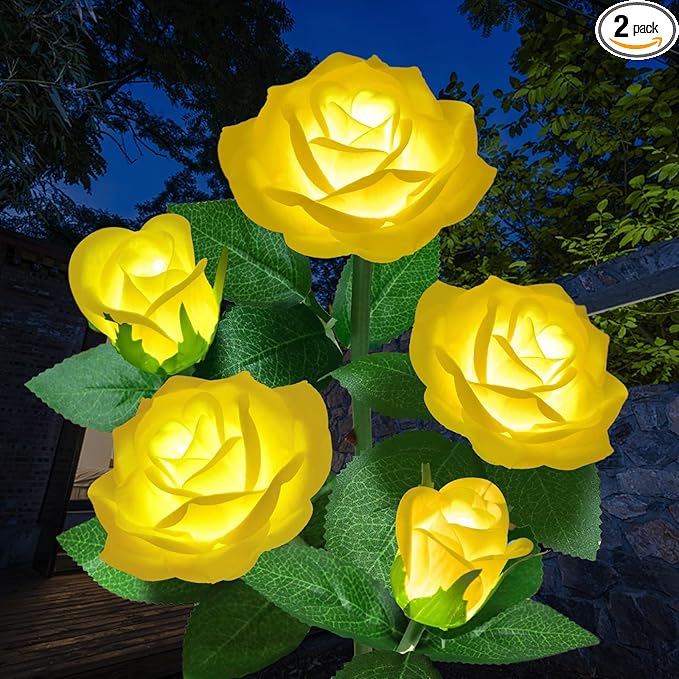 Solar Flower Lights Outdoor, LED Solar Powered Light with 5 Rose Flowers, Waterproof Decorative Garden Stake Lights for Patio Pathway Yard (Yellow, 1 Pack)
