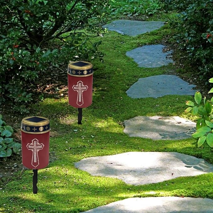 Cross Red Solar Garden Lights - Outdoor Waterproof Cemetery Decorations, Multipurpose Solar Lights for Grave and Memorial Use