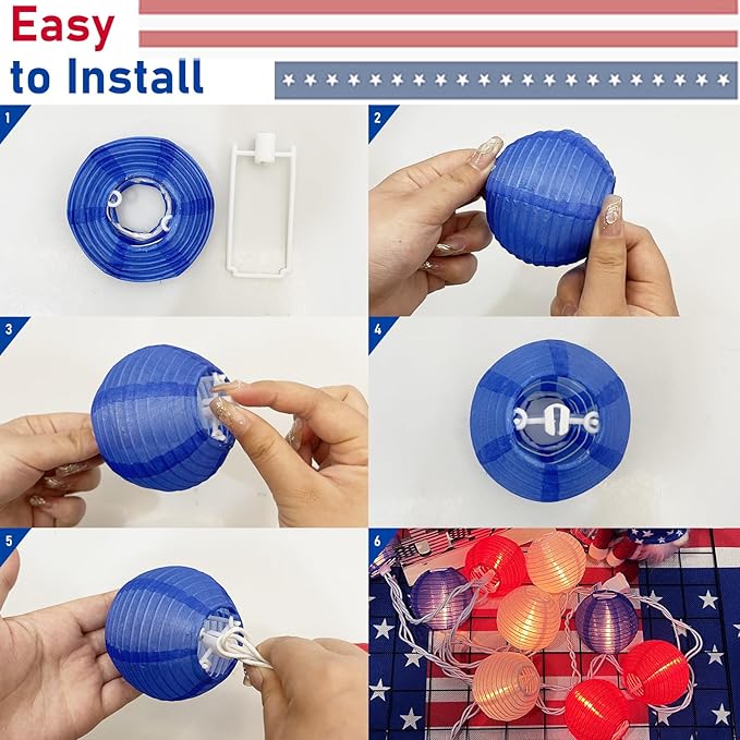 8.5FT Lantern String Lights, Red White and Blue Nylon Lanterns with 10 Mini Incandescent Bulbs, Plug in Connectable Outdoor Patio Lights for Independence Day President Memorial Day