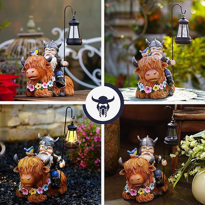 Garden Gnome Outdoor Statue Highland Cow Decor for Yard Patio Lawn Porch Birthday Gifts for Women Men, Mother’s Day, Housewarming with Solar Light Gnome Decor for Outside