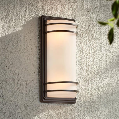 John Timberland Habitat Modern Industrial Outdoor Wall Light Fixture Rubbed Bronze Steel 16" Opal Etched Glass for Exterior House Porch Patio Outside Deck Garage Yard Front Door Garden Home