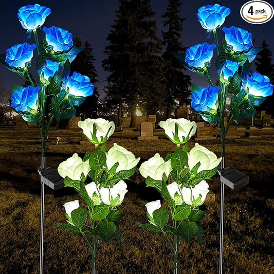 Woanger 4 Pcs Solar Flowers Cemetery Grave Decorations Outdoor LED Flower Lights with 6 Rose Powered Garden Stake Lights Waterproof for Independence Day 250 Anniversary USA Decorations(Blue, White)