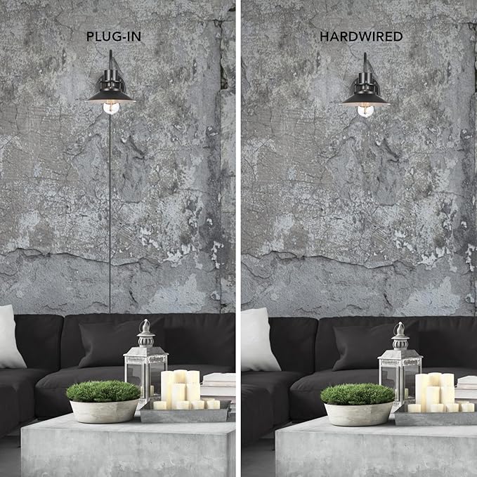 GLOBE Electric Wren 1-Light Plug-in or Hardwire Wall Sconce, Matte Black, 6ft Black Braided Fabric Designer Cord, in-Line On/Off Rocker Switch, Bulb Not Included