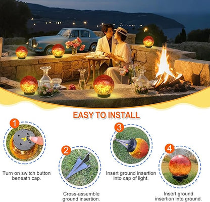 2 Pack 60LED Solar Globe Lights Outdoor Waterproof 4.7in Cracked Glass Solar Balls Lights for Outside Yard Pathway Patio Lawn Landscape Decor Ground for Christmas Holiday Decor w/ Box (Gradient Red)