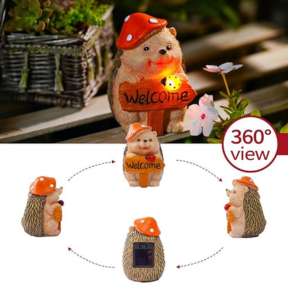 Garden Hedgehog Welcome Sign Statue with Mushroom Hat, Solar LED Ladybug Light, Outdoor Decorative Figurine 4.6in, Housewarming Gift for Patio,Yard,Lawn Ornament