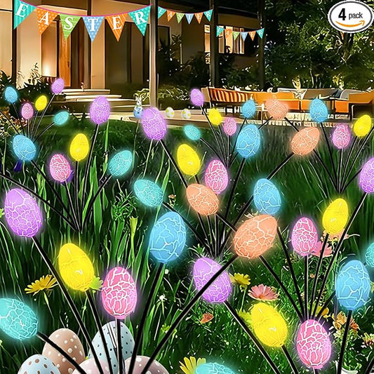 4 Pack Solar Easter Eggs Pathway Lights outdoor, 24 LED Pastel Solar Garden Lights Swaying Firefly Light with 2 Lighting Modes, Waterproof Easter Decorations for Spring Patio Yard Landscape Decor