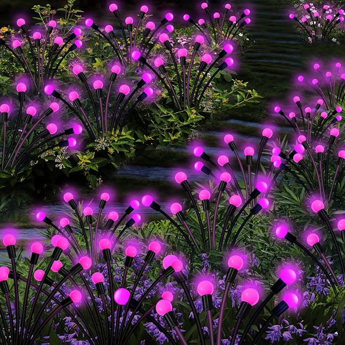 Kohlrabi Solar Garden Lights Outdoor, 6 Pack 60 LED Pink Firefly Lights Waterproof, Sway by Wind, Solar Swaying | Lumora