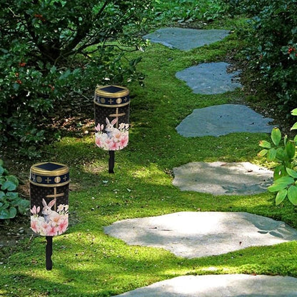 Cross Rabbit Cemetery Solar Powered Lights for Grave, Outdoor Pathway Cactus Green Lantern Stake, Waterproof Walkway Garden Decoration for Yard Patio