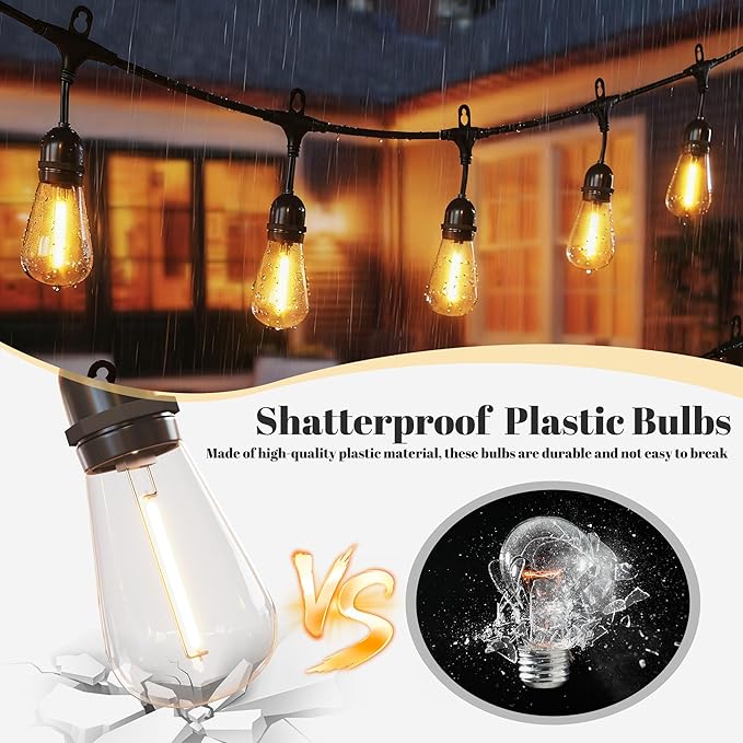 LED Outdoor String Lights, Bulbs Shatterproof Patio Lights with 8 Lighting Modes, 4-Level Dimmable Warm White, Waterproof Hanging Lights for Garden, Pergola, Bistro, Party Decor, Dimmable 2700K (62FT)