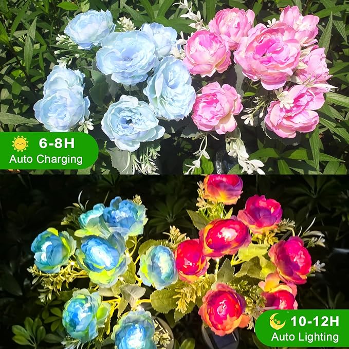 Solar Peony Flower Lights Outdoor, 2-Pack Blue & Purple 42-LED Solar Lights with Auto On/Off, Bendable Stems, Waterproof Decorative Garden Light for Yard, Patio, Pathway, Cemetery Gravesite