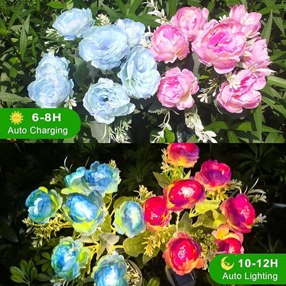 Solar Peony Flower Lights Outdoor, 2-Pack Blue & Purple 42-LED Solar Lights with Auto On/Off, Bendable Stems, Waterproof Decorative Garden Light for Yard, Patio, Pathway, Cemetery Gravesite
