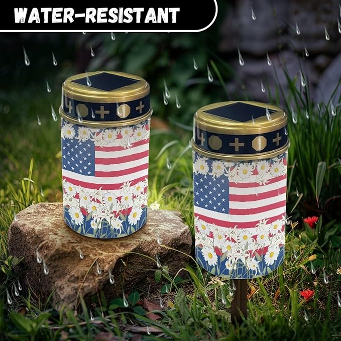 Daisy American Flag Solar Outdoor Lights, Waterproof Solar Pathway Lights,Auto On/Off Solar Lights, Cemetery Lights for Grave Walkway Driveway Yard Lawn Landscape Decor