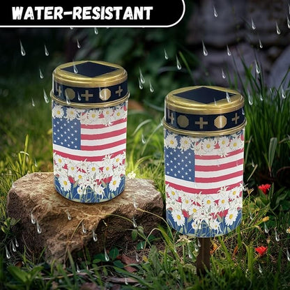 Daisy American Flag Solar Outdoor Lights, Waterproof Solar Pathway Lights,Auto On/Off Solar Lights, Cemetery Lights for Grave Walkway Driveway Yard Lawn Landscape Decor