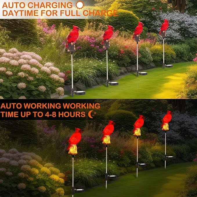 Baquler 4 Pack Solar Cardinal Stake Light Cardinal Decor Garden Red Bird Figurine Memorial Solar Light Outdoor Pathway Yard Lawn Ornaments for Outside Decorations Grave Valentine Gifts Women
