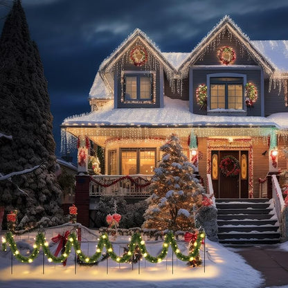 Christmas Pathway Lights Outdoor 50 ft Solar Christmas Garland Lights Outdoor with 100 LED and Walkway Stakes Pre Lit Garland Walkway Lights Decoration for Yard Lawn Garden Outdoor