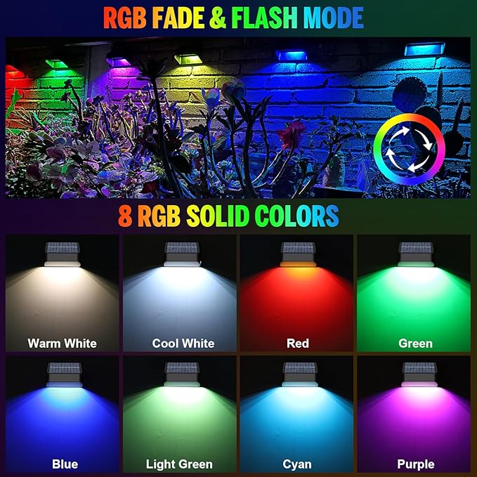 Solar Fence Lights, Warm White & RGB Fence Lights Outdoor Step Lights Outdoor Waterproof LED Solar Lighting for Outside, Backyard, Patio, Deck, Stair Handrail, Pool and Wall(12 Pack,Black)