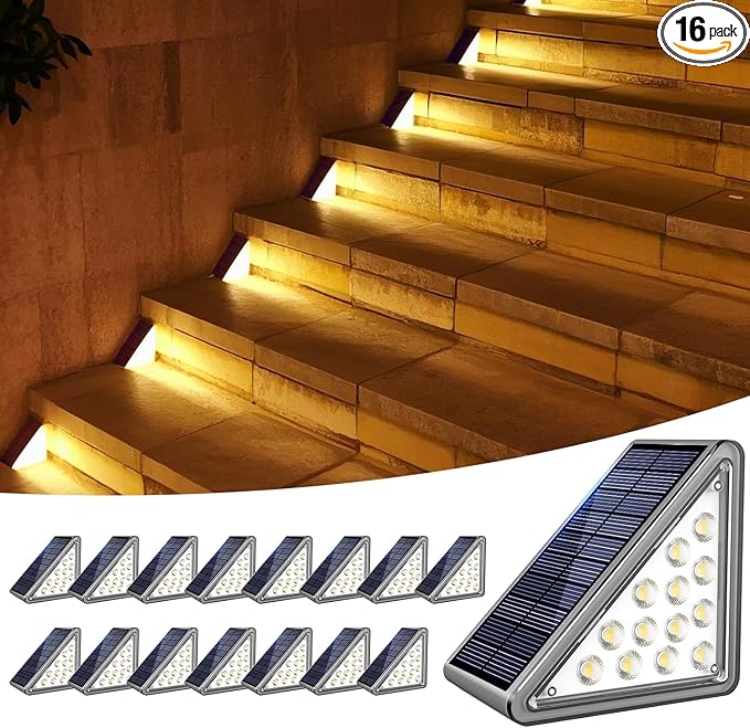 Solar Step Lights Outdoor Stair Light, Deck Lights Outdoor Powered IP65 Waterproof, 2CCT Solar Outdoor Step Light, Decor for Stair, Deck, Step, Sidewalk, Porch and Outside Patio,2CCT,16 Pack