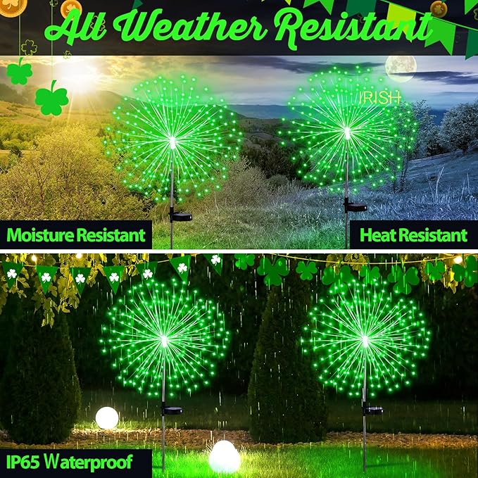 4 Pcs St Patricks Day Solar Lights Solar Firework Lights Decoration 180 LED 8 Modes Waterproof LED Stake Sparkler Decor for Irish Walkway Pathway Driveway Garden Patio Yard Lawn(Green)