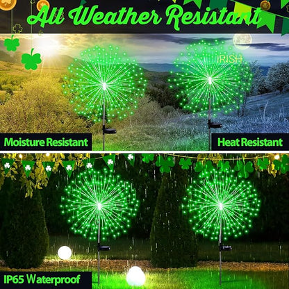4 Pcs St Patricks Day Solar Lights Solar Firework Lights Decoration 180 LED 8 Modes Waterproof LED Stake Sparkler Decor for Irish Walkway Pathway Driveway Garden Patio Yard Lawn(Green)