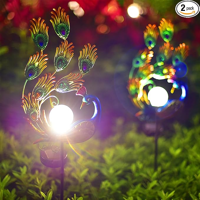ARTER Solar Garden Stake Lights, 50 Inches Tall Metal Peacock Outdoor Waterproof Decorative LED Solar Pathway Lights with Bling Bling Jewels for Landscape Yard Patio Lawn Poolside (Pack of 2)