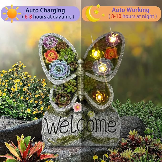 Solar Garden Statues Lights, Succulent Butterfly Resin Lamp with 8 LED, Outdoor Decoration Statues with Welcome Sign Table Lamp for Patio Lawn Yard, Garden Gifts for Mom (Purple Succulent)
