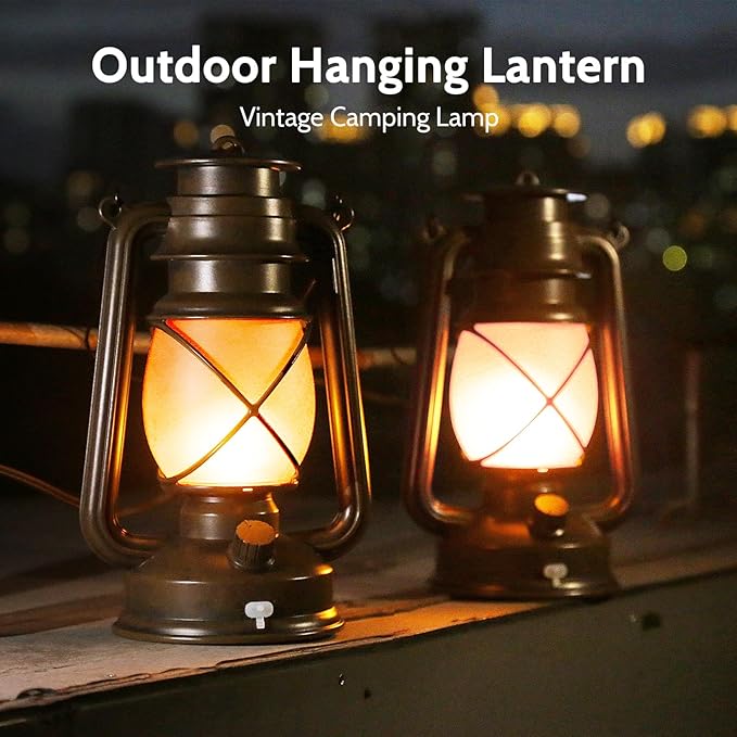 2 Pack Vintage Lantern Flickering Flame Rechargeable LED Retro Camping Lights 4 Modes Remote Control Battery | Lumora