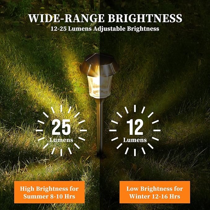 Solar Pathway Lights Outdoor Waterproof, 4 Pack Glass & Stainless Steel Landscape Lighting, Dual Brightness 12/25 Lumens Warm White, Auto On/Off IP65 Solar Powered LED Lights for Yard, Porch, Garden