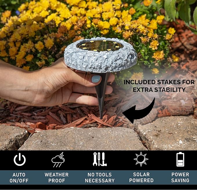 Morvat Grey Rock Solar Lights Outdoor Waterproof | Decorative Disk Lights for Outdoor Pathway | Garden Stones with Stone-Like Texture & IP44 Weatherproof Rating | Rock Solar LED Lighting, 6 Pack
