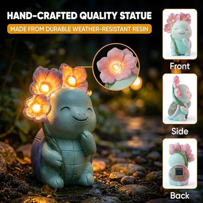 GLO-X Solar Turtle Garden Statue – Turtle Statue with Light-Up Flowers, Solar Powered Garden Decor Figurine for Outdoor Gardens, Lawn & Patio, Garden Gift for Mom & Grandma
