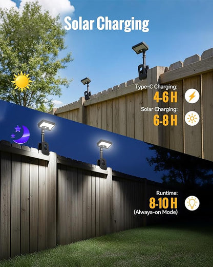 Clip On Solar Lights Outdoor, 92LED 500LM with Type-C Charging, Solar Motion Sensor Security Light, 3 Modes Waterproof Chain Link Fence Lights for Deck, Garden, Gutter, Mailbox, Camping