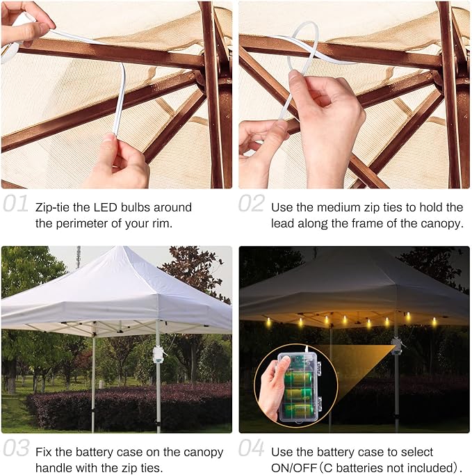 LED Canopy and Umbrellas Lights, 23 Ft LED Outdoor String Lights with Shatterproof Plastic 8LED C7 E-12 Light Bulbs, Waterproof, C Battery Powered, Super Bright to Display at Night Outdoors