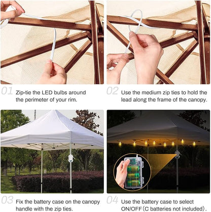 LED Canopy and Umbrellas Lights, 23 Ft LED Outdoor String Lights with Shatterproof Plastic 8LED C7 E-12 Light Bulbs, Waterproof, C Battery Powered, Super Bright to Display at Night Outdoors