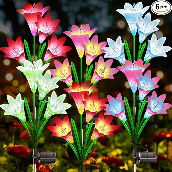 KuBace Solar Outdoor Lights Garden Decor, 6 Pack Upgraded Solar LED Flower Lights with 24 Bigger Lily Flower Lamp, 7 Color Changing Waterproof Solar Powered Flowers for Garden Yard Decor, Gift