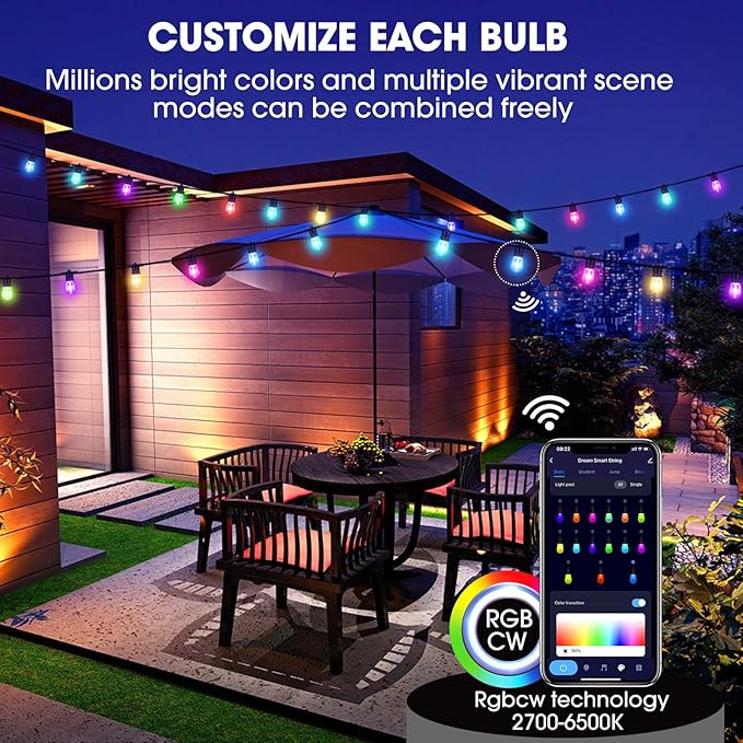 2023 Upgraded Outdoor String Lights, DIY Color Changing RGB Bright Smart Light 50ft Work with Alexa & Remote for Party, IP65 Waterproof Outside Patio String Light with 15 Dimmer LED Bulbs