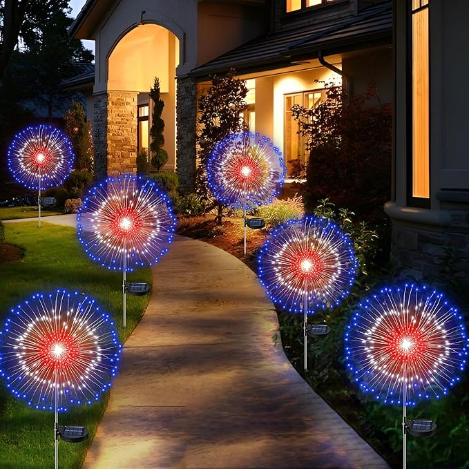 [Upgrade] 4th of July Decorations Outdoor Solar Lights, 2 Pack Solar Powered Firework Lights with 8 Modes Red White Blue LED Lights Patriotic Decorations for Memorial Day Presidents Day Veterans Day