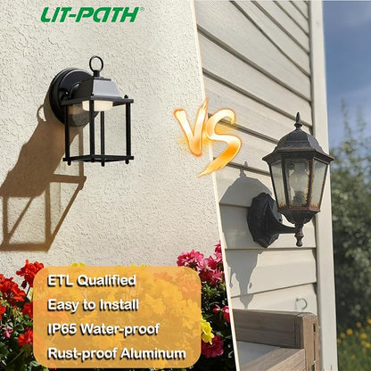 LIT-PaTH Outdoor LED Wall Lantern, Wall Sconce as Porch Lighting Fixture, 3000K Warm White, 9.5W 800 Lumen, Aluminum Housing Plus Glass, Black Finish, 1-Pack