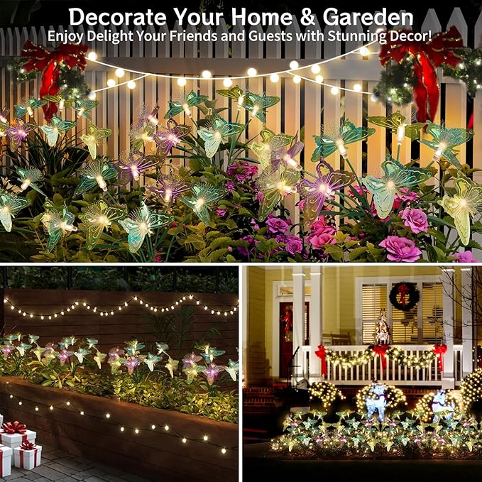 Flumy Solar Lights Outdoor Waterproof 8-Head Butterfly Decorations,Solar Garden Lights,Christmas Christmas Gift，Birthday Decorations,Butterfly Solar Lights for Garden and Yard 2Pack