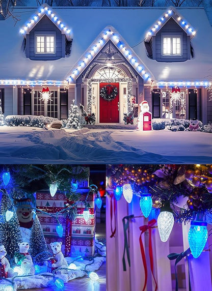 C9 Christmas Lights Outdoor Waterproof, 114 Feet 150 LED C9 String Light with Timer & 8 Light Modes, Connectable Christmas Tree Lights for House Outside Roofline Indoor Decoration, Blue & Pure White