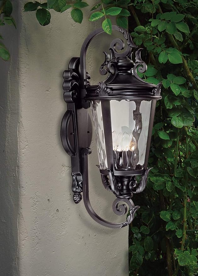 John Timberland Casa Marseille European Outdoor Wall Light Fixture Textured Black Scroll Arm 31" Clear Hammered | Lumora